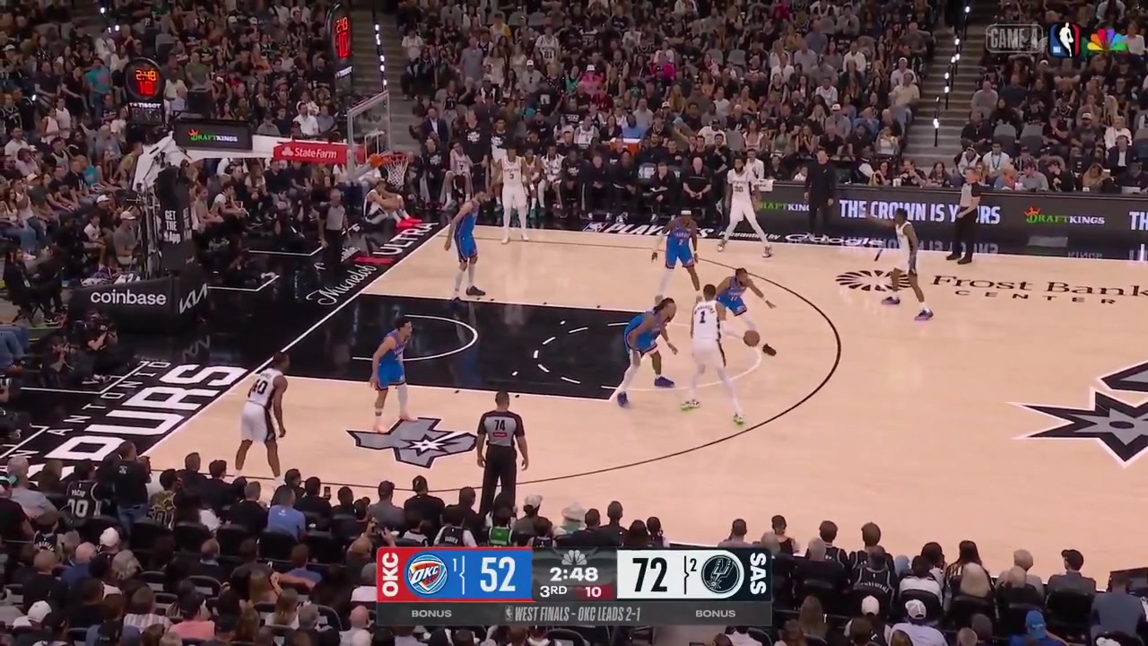 Chet Holmgren has a bloody finger after hitting the backboard on the block attempt and blood is spilled on the floor and on Keldon Johnson's jersey who receives a long cleanup from the Spurs' staffChet receives a treatment as the arena workers and the mascot work to clean