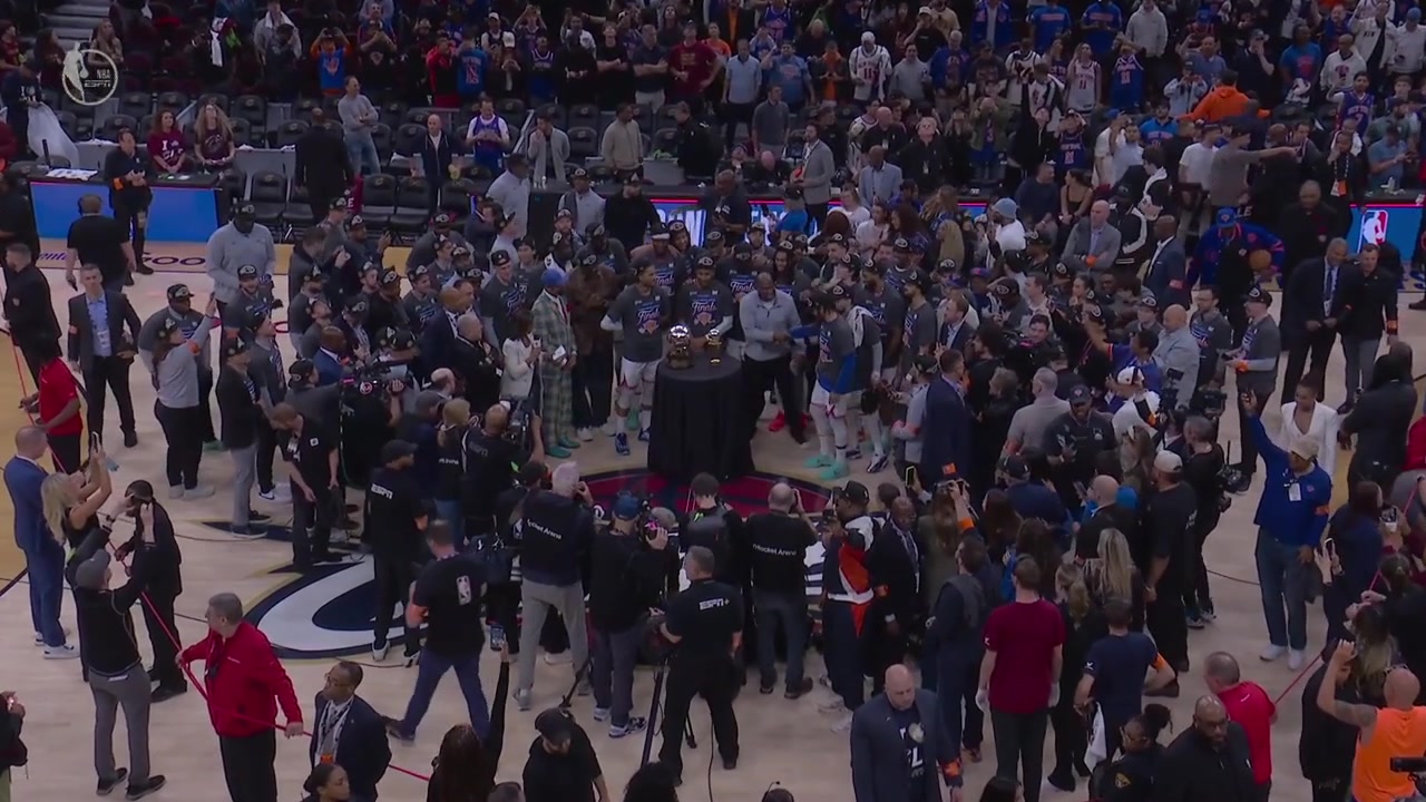 The New York Knicks receive the Eastern Conference Finals trophy