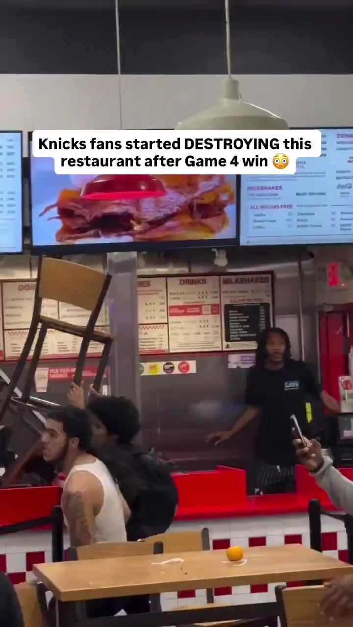 A Five Guys restaurant in New York gets destroyed by fans celebrated the Knicks dramatic Game 4 comeback victory In the video the man behind the counter can be seen fending off multiple attackers