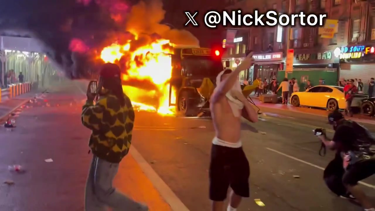 Knick fans set a school bus on fire