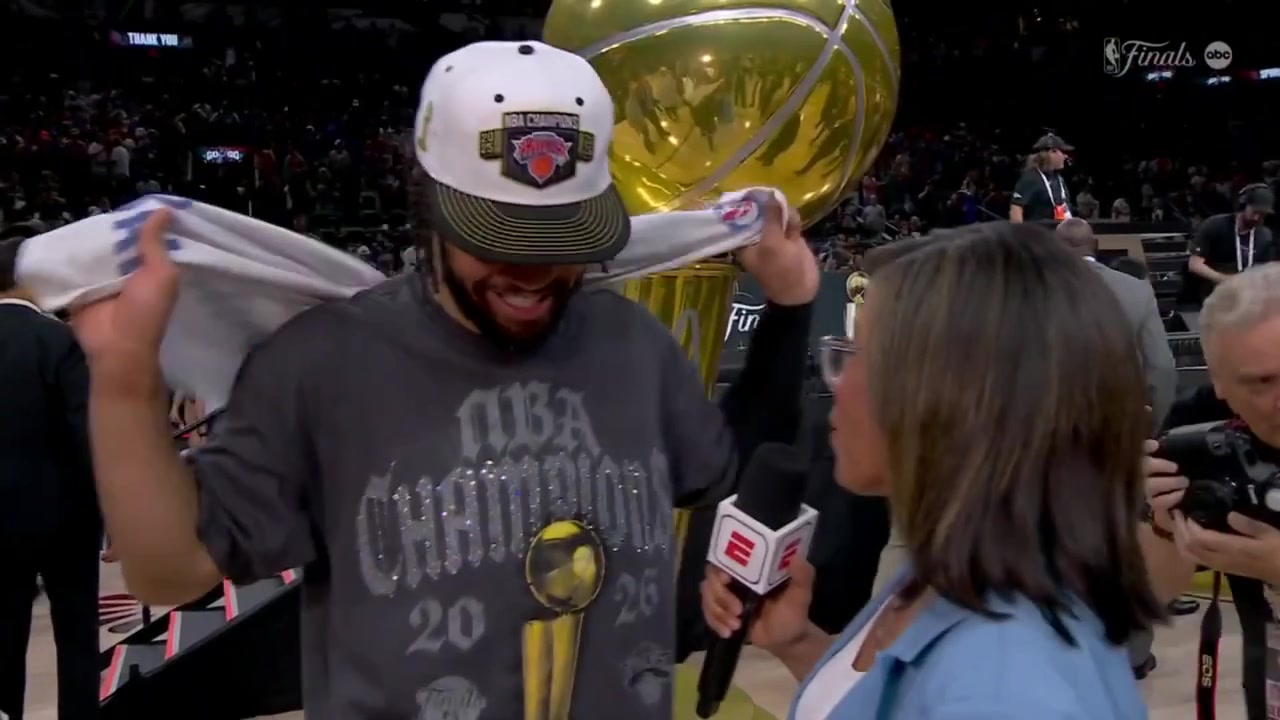 NBA champion Jalen Brunson's courtside interview after scoring 45 to bring the Knicks their first title in 53 years