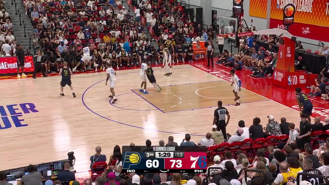Yuki Kawamura hits the step back 3 over Dante Maddox Jr to get the crowd buzzing with a replayJay Huff is doing a sort of an air guitar celebration