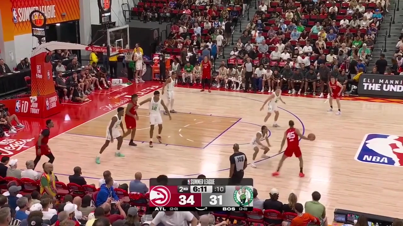 Kobe Johnson gets blocked by Chris Cenac Jr under the rim gets the rebound goes to the perimeter and banks in the 3-pointer off the friendly bounce to beat the shot clock