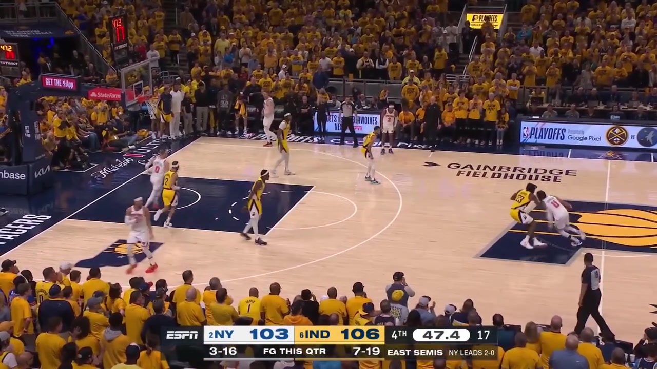 Andrew Nembhard hits the clutch step back 3 over Jalen Brunson to beat the shot clock and give the Pacers the lead off a 3-pointer by Brunson to tie the game with replays Mike Breen with a 'BANG' on both 3s Haliburton cannot believe it 5102024 - Game 3 of the ECSF