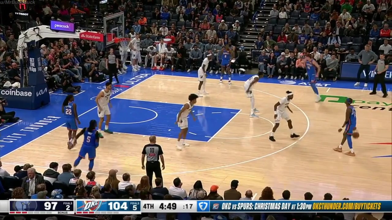 Shai Gilgeous Alexander spins stops throws it off the backboard to himself and find to Branden Carlson for the corner 3 with replays Shai cannot stop laughing about it all the way to the bench Thunder and Peacock commentaries