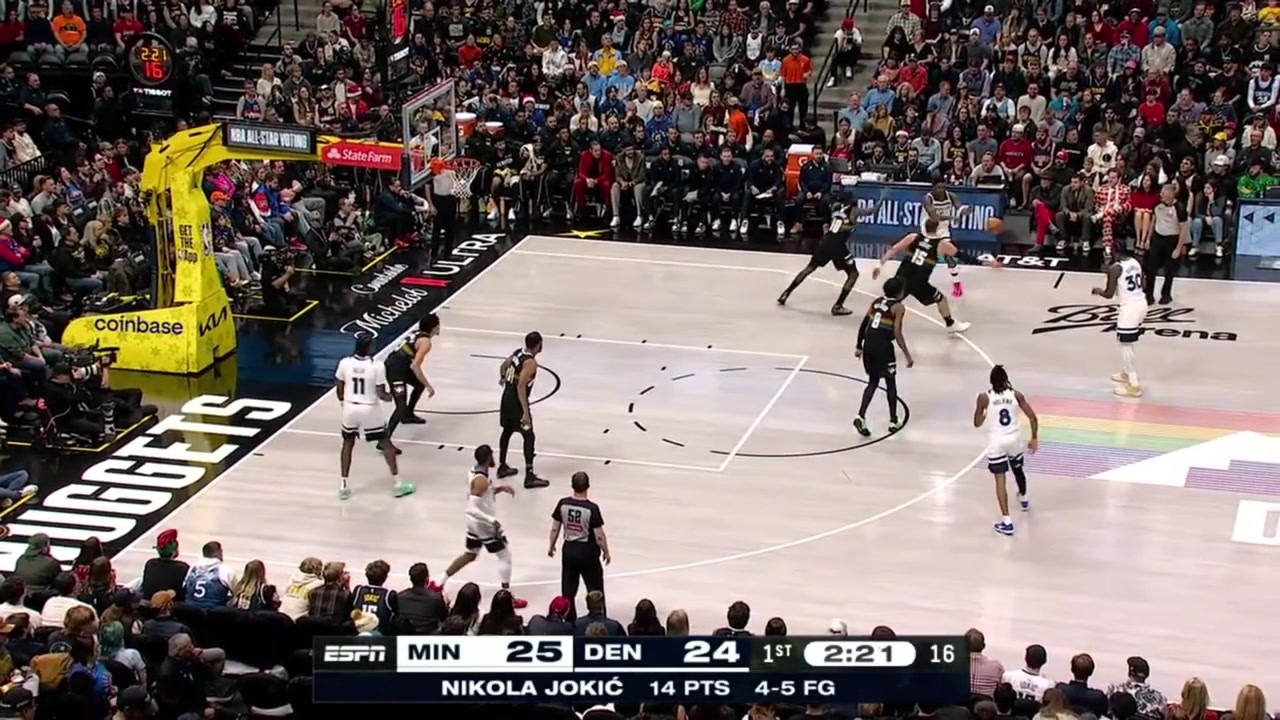Julius Randle misses the 3 Nikola Jokic already goes to the other side of the court the Timberwolves get the rebound and miss again and Bruce Brown finds Nikola Jokic for the easy bucket on Conley16 points for Jokic