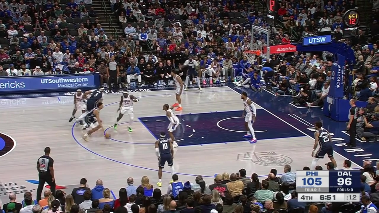 Quentin Grimes blocks Anthony Davis under the rim and Tyrese Maxey with the runner at the other end through contact to give him 29 points with a replay Mavericks timeout