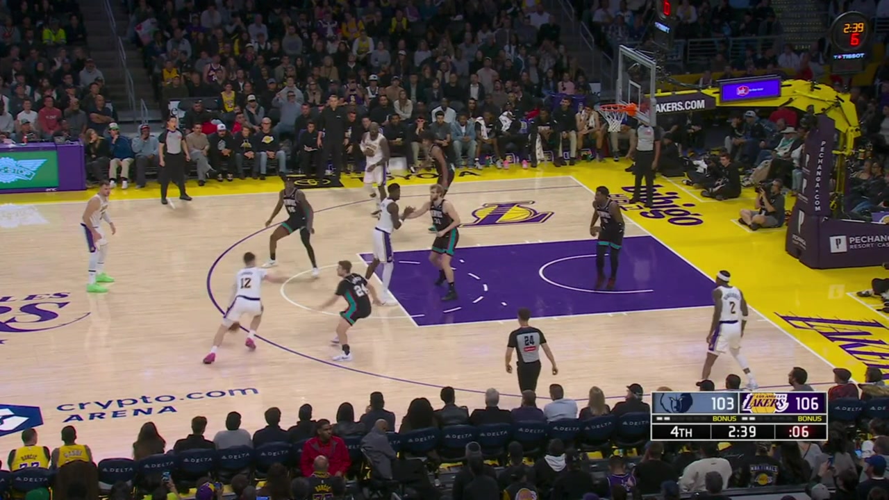 Luka Doncic with back-to-back clutch 3s to put the Lakers up 9 with 206 minutes remaining in regulation Grizzlies timeout with replays