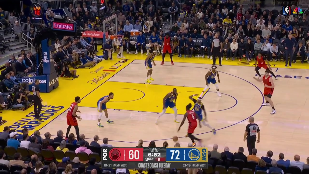 Lowlights Jrue Holiday misses the 3 gets the ball back off a steal by Shaedon Sharpe and passes the easy layup under the rim passing the ball to Camara on the perimeter who misses Gary Payton II scores at the other end
