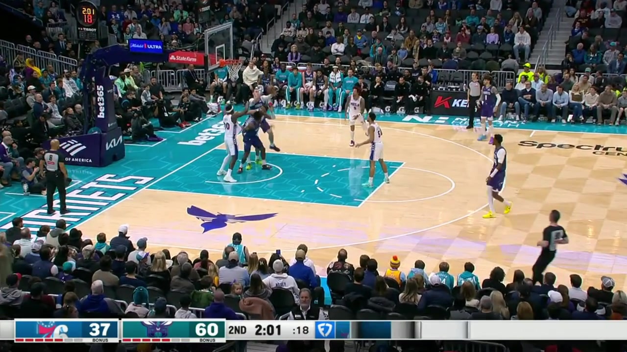 Brandon Miller rises and dunks the virtual ball after expecting an alley-oop lob by LaMelo Ball who finds Collin Sexton for the 3-pointer while the rim is still shaking with a replay Sexton and Maxey play 1v1 off the whistle