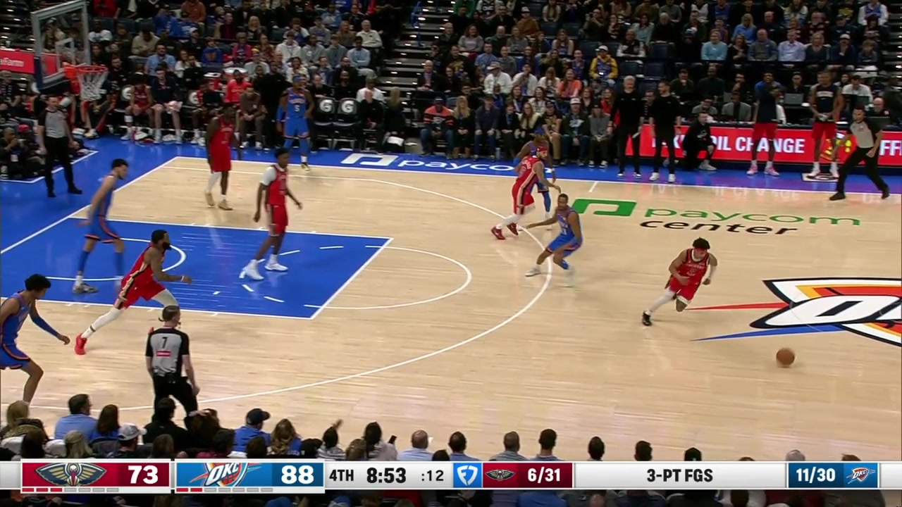 Aaron Wiggins goes flying at the cameraman after trying to block Jeremiah Fears on the fastbreak with a replay