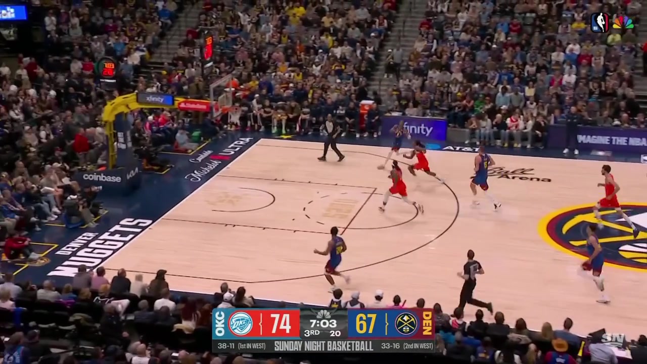 Nikola Joki leads the fast break and dishes to Peyton Watson who finds Jalen Pickett for the corner three forcing an OKC timeout DEN 70 OKC 74 with 638 left to go in the 3rd