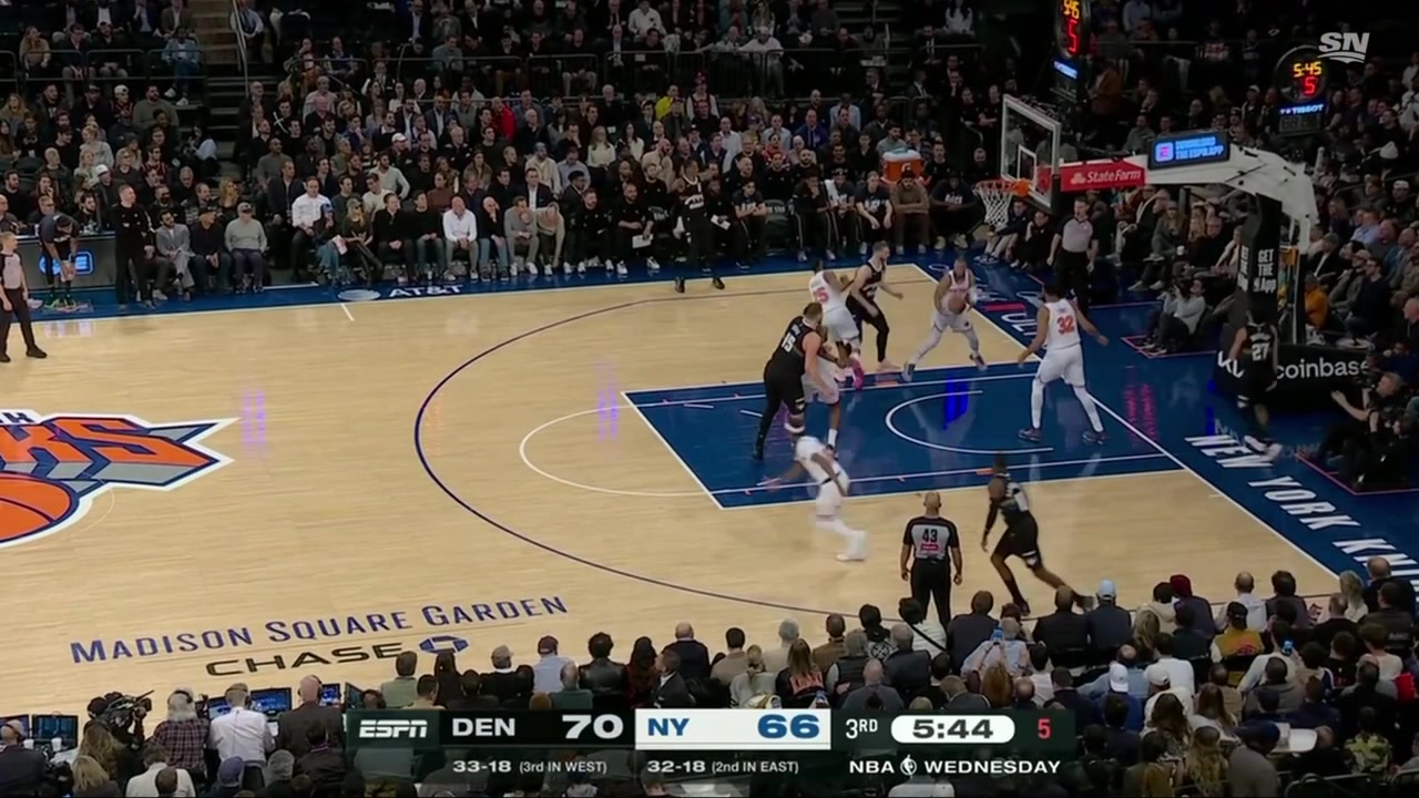 Mikal Bridges deflects the pass for the steal Jalen Brunson picks it up and fires the long outlet to Jordan Clarkson for the transition finish