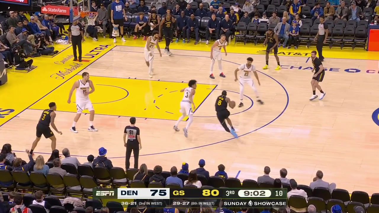 Lowlight Nikola Jokic with the inbound pass to Steph Curry who is on the bench enjoying the moment with a replay