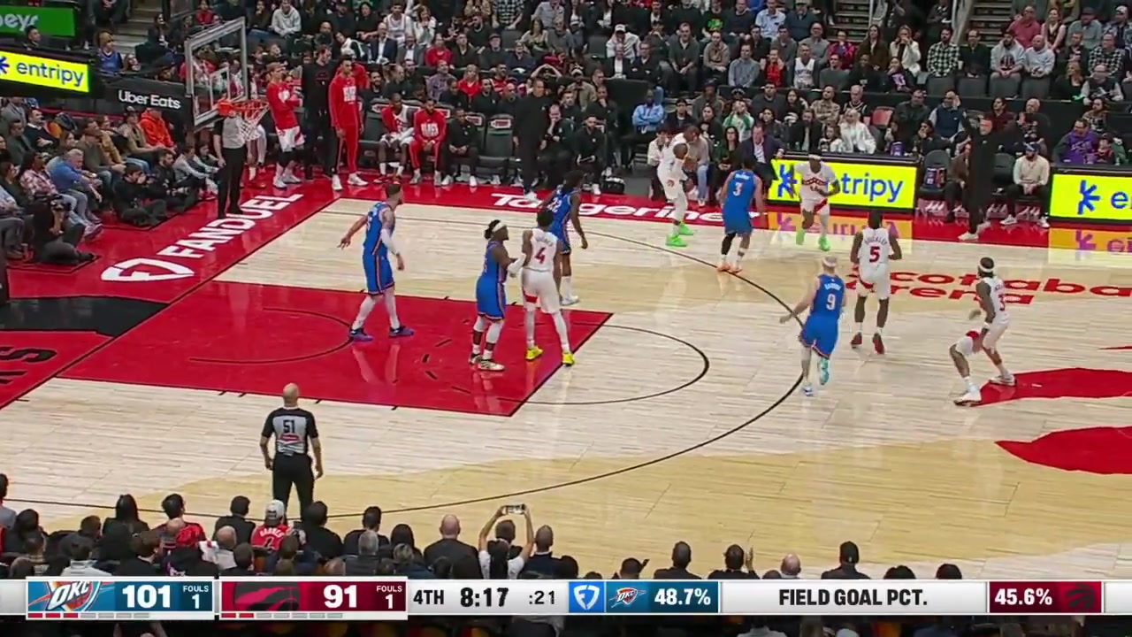 Lu Dort with a relentless defense on Brandon Ingram trying to reach for the ball again and again and eventually Dort gets fouled by Ja'Kobe Walter to the dismay of Darko Rajakovi with replays Thunder and Raptors commentaries