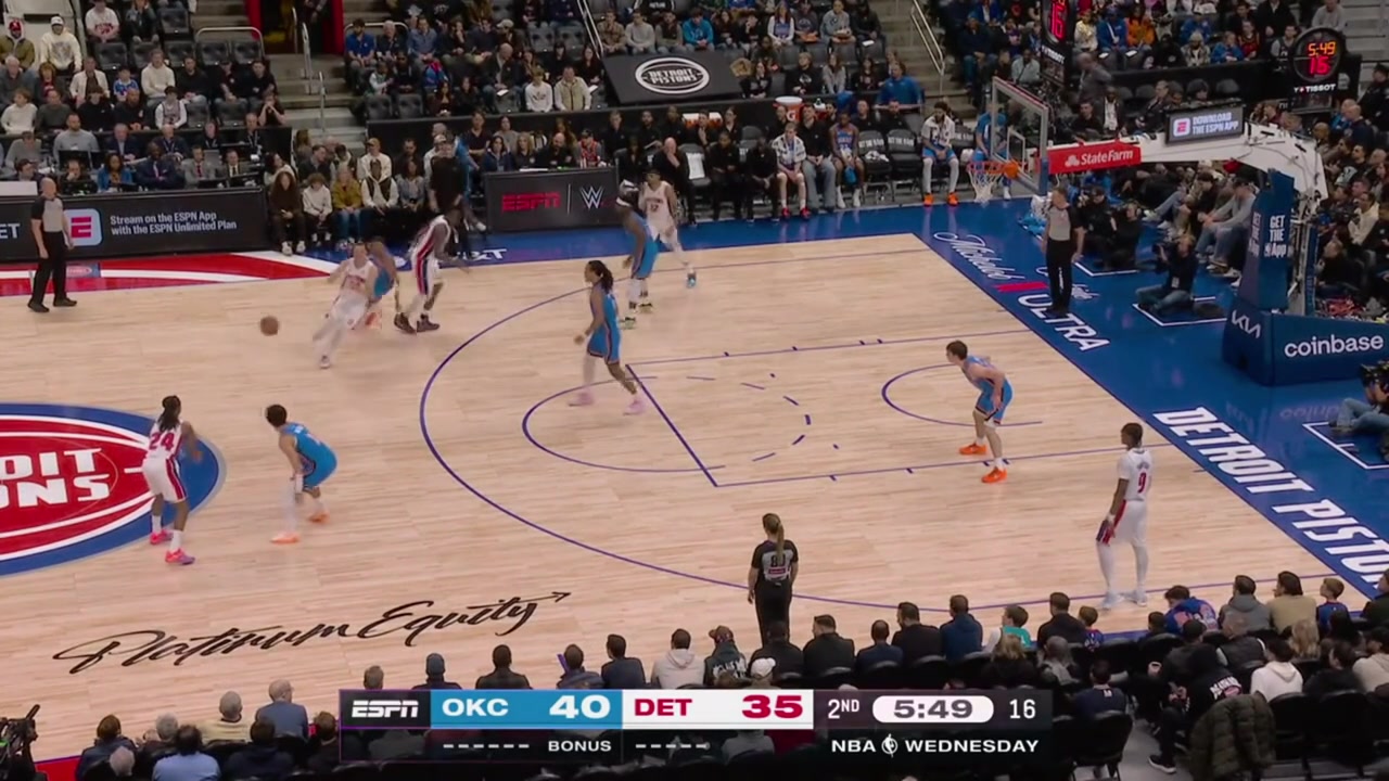 Ausar Thompson cuts and finds Jalen Duren for the dunk then blocks Lu Dort and then lobs it to Duren for the alley-oop dunk with replays ESPN and Pistons commentaries