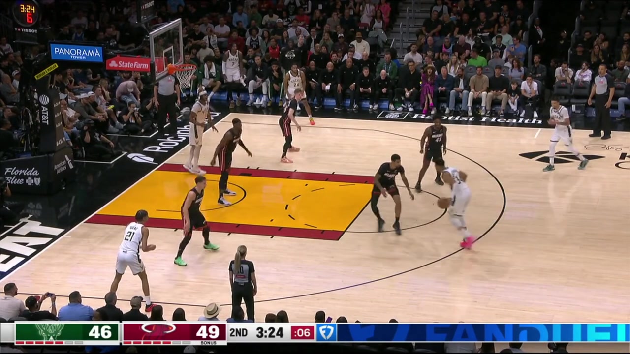 Giannis Antetokounmpo threads a bounce pass around two defenders to Myles Turner who drills the difficult three as the shot clock expires