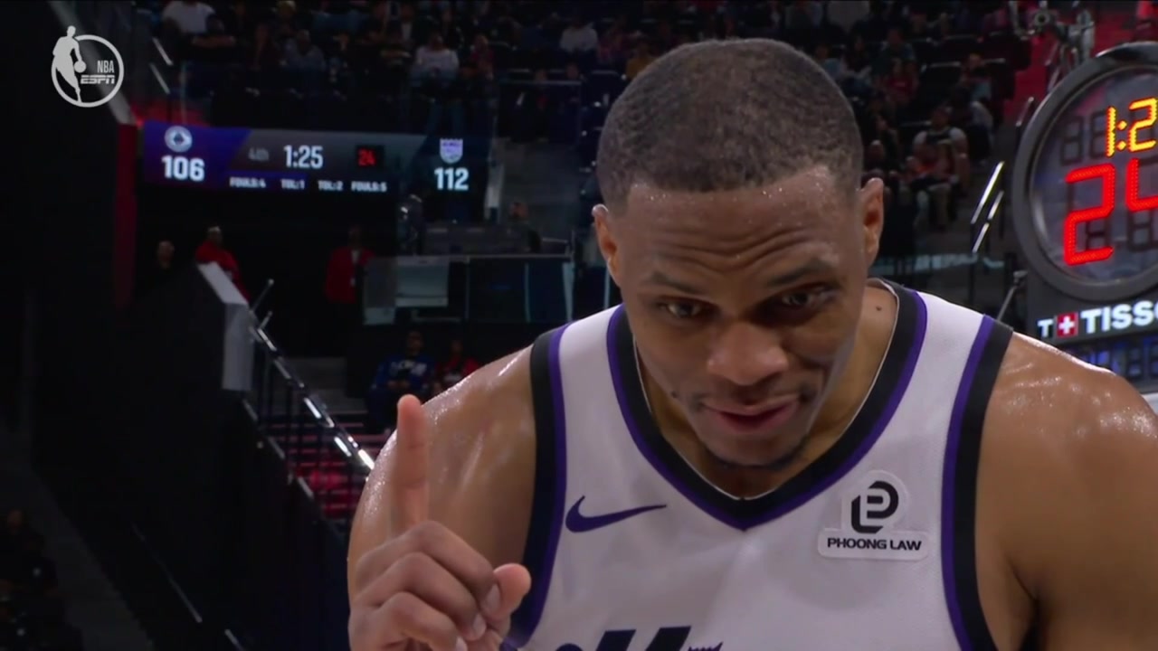 Russell Westbrook with a funny reaction after a failed coach's challenge by the Los Angeles Clippers late in the 4th quarter DeRozan got two free throws which he made
