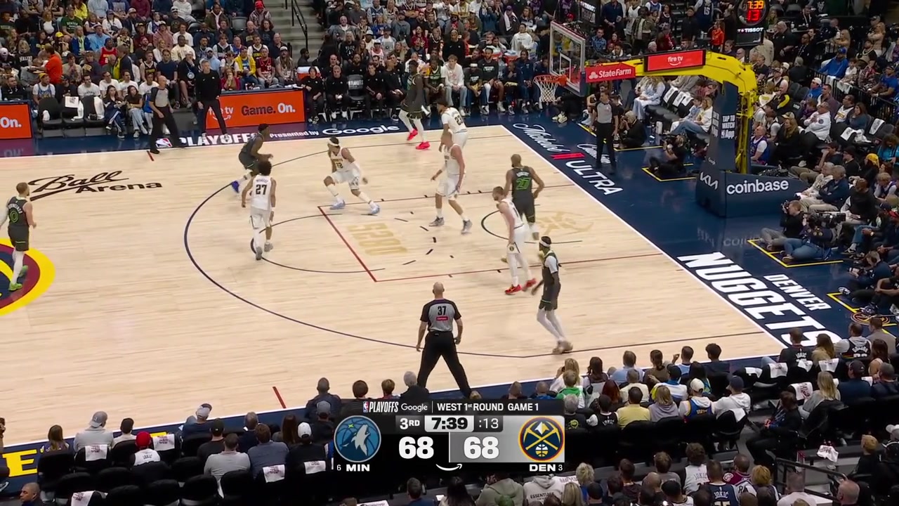 Anthony Edwards misses the jumper over Aaron Gordon who dunks it at the other end as Ant desperately tries to chasedown block him