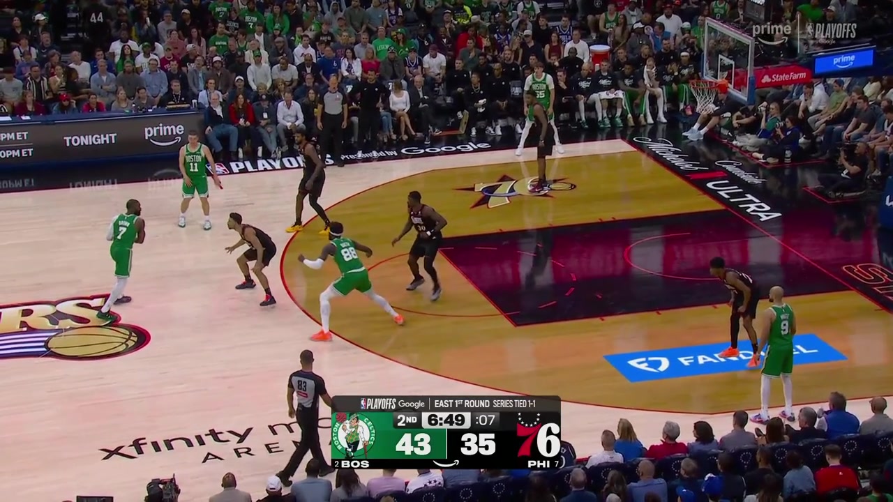 Jalen Brown with the chasedown block on Paul George