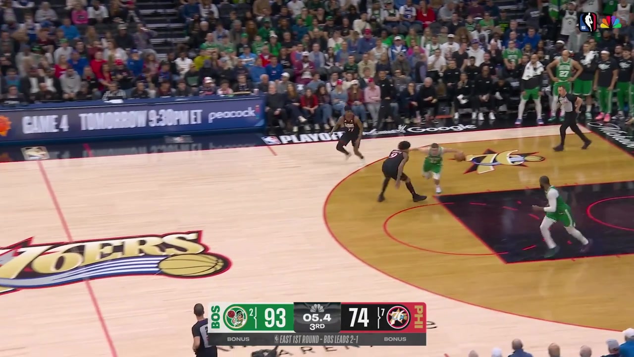 The Sixers desperately try to deny Payton Pritchard of another buzzer beater but VJ Edgecombe fouls him with 09s left He would make both free throws to give him 32 points through 3 quarters