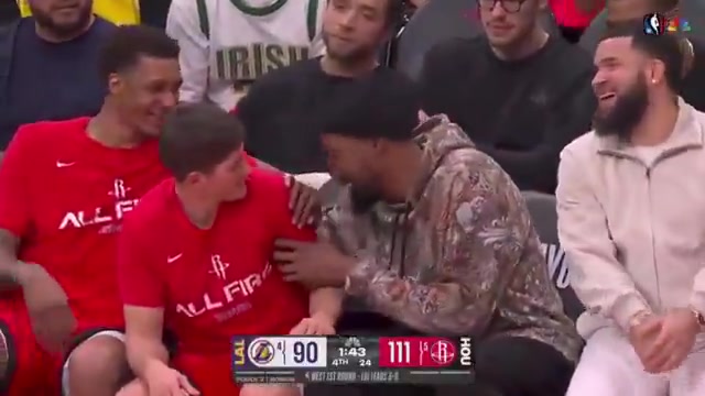 Kevin Durant laughing and having fun on the bench as the rockets blow out the Lakers