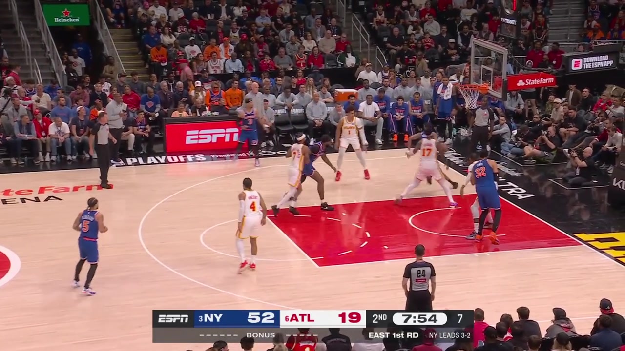 Josh Hart hits a 3-pointer the Hawks turn the ball over and Mikal Bridges misses a shot grabs the rebound and scoresThe Knicks go up 57-19 4 minutes into the 2nd quarter up 38 pointsThe Hawks team also received a technical