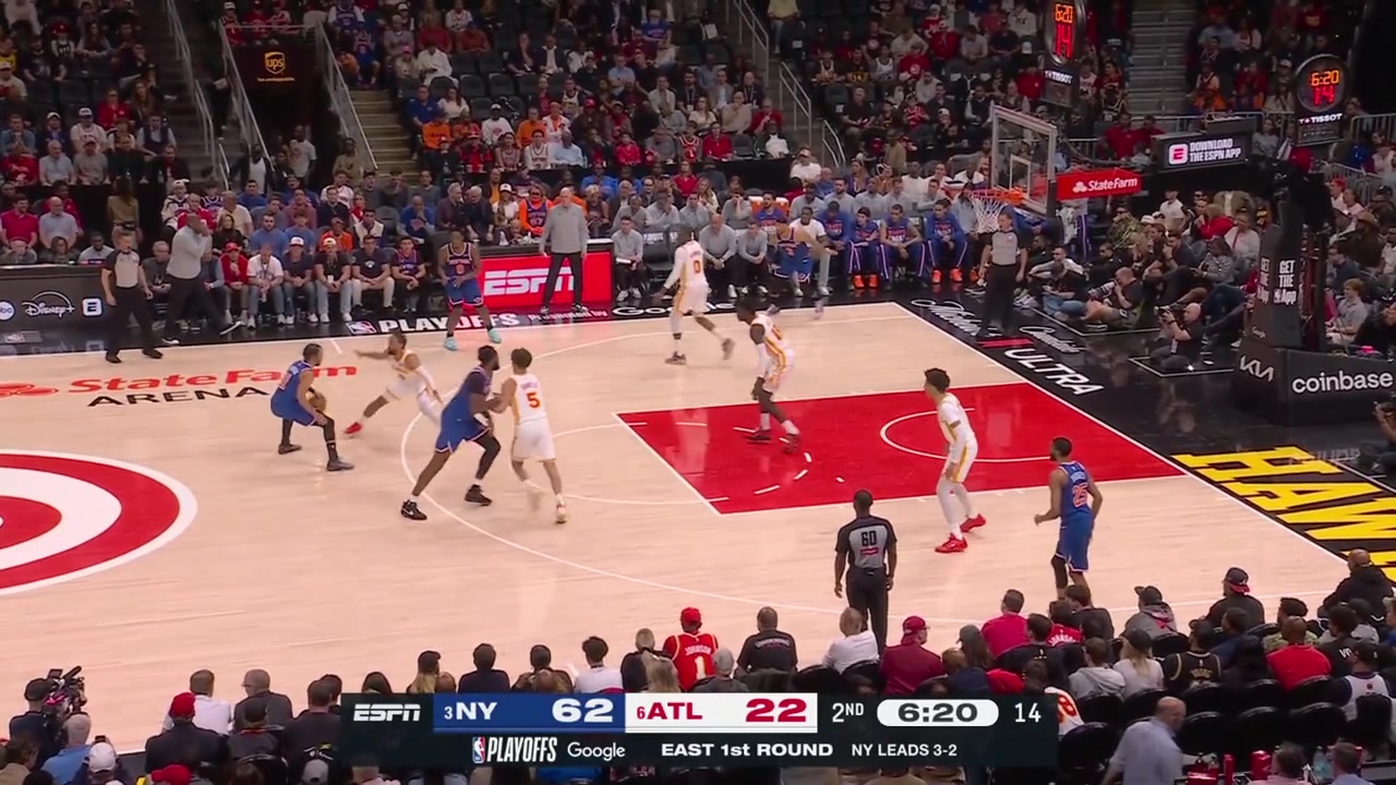 OG Anunoby hits the 3-pointer and goes 89 from the field then Mikal Bridges with the layup and then an alley-oop dunk with a replay and the Knicks are up 69-22 with 5 minutes remaining in the 1st half