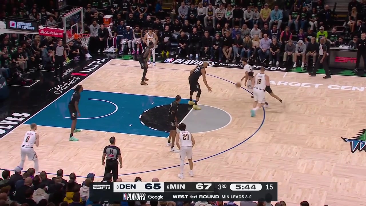 Nikola Jokic goes at Rudy Gobert and scores the turnaround shot over him then blocks Gobert under the rim at the other end Jaden McDaniels with the steal and Julius Randle with the fastbreak bucket with replays