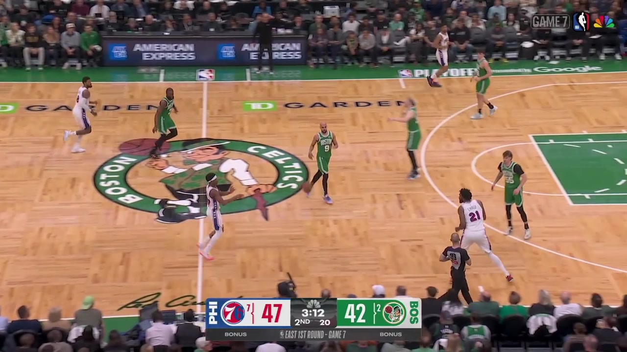 Joel Embiid fails to hit the jumper over Baylor Scheierman and Sam Hauser with a zero hesitation 3-pointer at the other end over Paul George