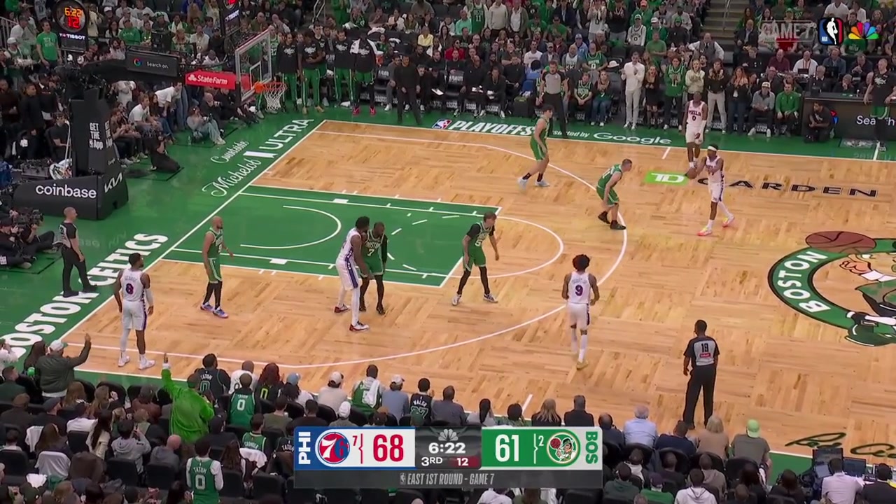 Joel Embiid post up Jaylen Brown who trash talk him during it and Embiid scores the hook shot over him to beat the shot clock and he got some words back with a replay