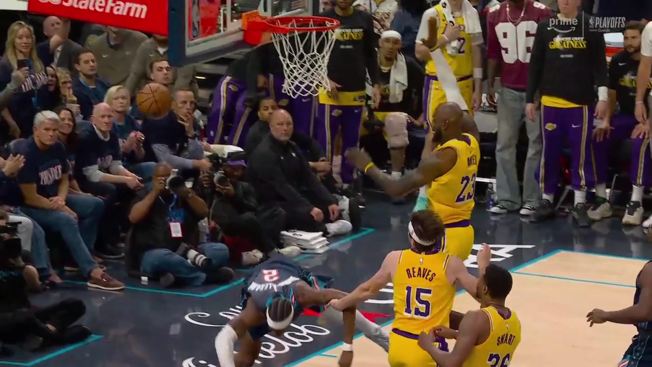 SGA and LeBron go tumbling after foul by Austin Reaves
