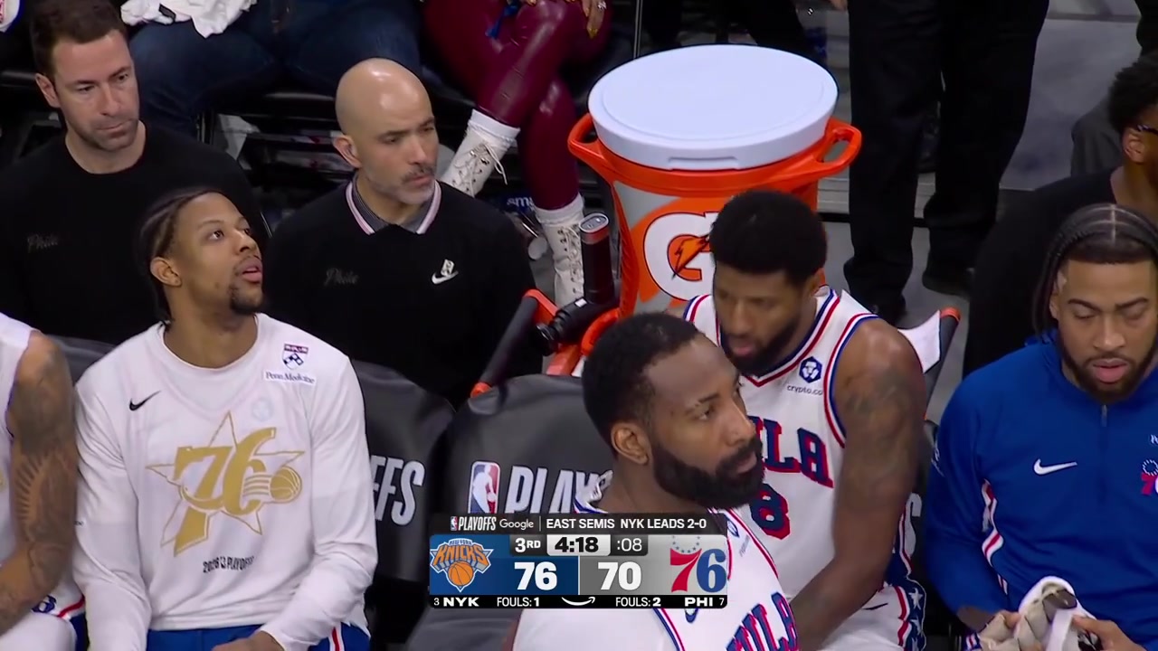 VJ Edgecombe pushes Jalen Brunson into Kelly Oubre Jr and Brunson is called for the foul with replaysThe Knicks successfully challenge the call and it is overturned to a defensive foul on VJ