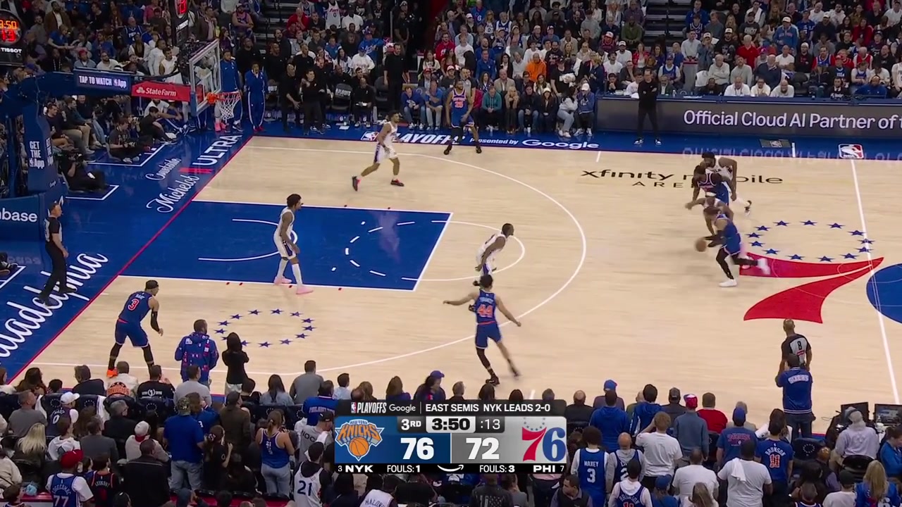 Joel Embiid blocks Josh Hart then flails and falls to the ground after Mitchell Robinson grabs him no foul callWith replays