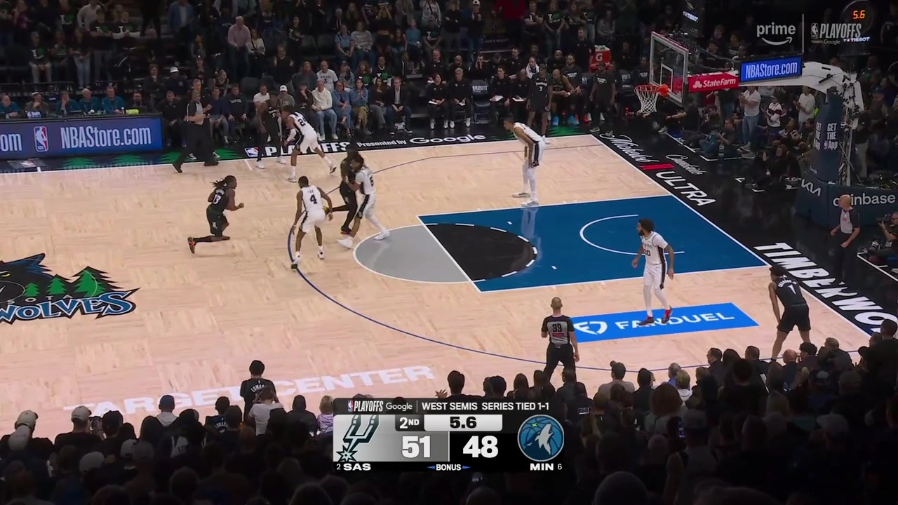 Jaden McDaniels sinks a 3 over Wemby to beat the halftime buzzer foul called on Stephon Castle for contact with Julius Randle under the rim
