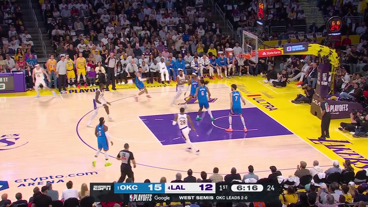 LeBron James gets Lu Dort with the pump fake gets hit he shoots the ball but no shooting foul with replaysLeBron cannot believe it