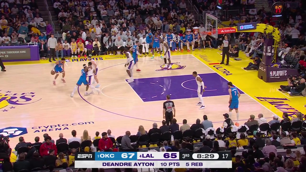 The Thunder keeps targeting Austin Reaves on defense as Ajay Mitchell goes around him and scores the floater intercepts Reaves' pass and scores the layup on himShai Gilgeous-Alexander hits a 3-pointer and a jumper over ReavesChet Holmgren goes around Reaves and scores