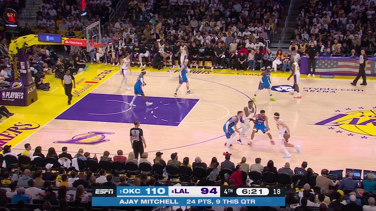 Austin Reaves drives misses the layup gets irate about not getting a foul call and Alex Caruso soars for the powerful dunk at the other end with a replay Lakers' timeout in the 4th quarter