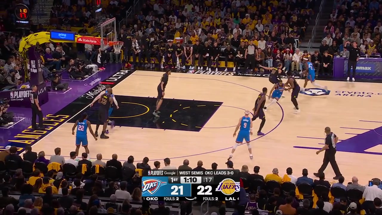 LeBron James blocks Isaiah Hartenstein near the rim grabs the rebound and gets fouled by Alex CarusoAnd then post him up off the inbound backs him down and scores the fadeaway over Caruso with replays