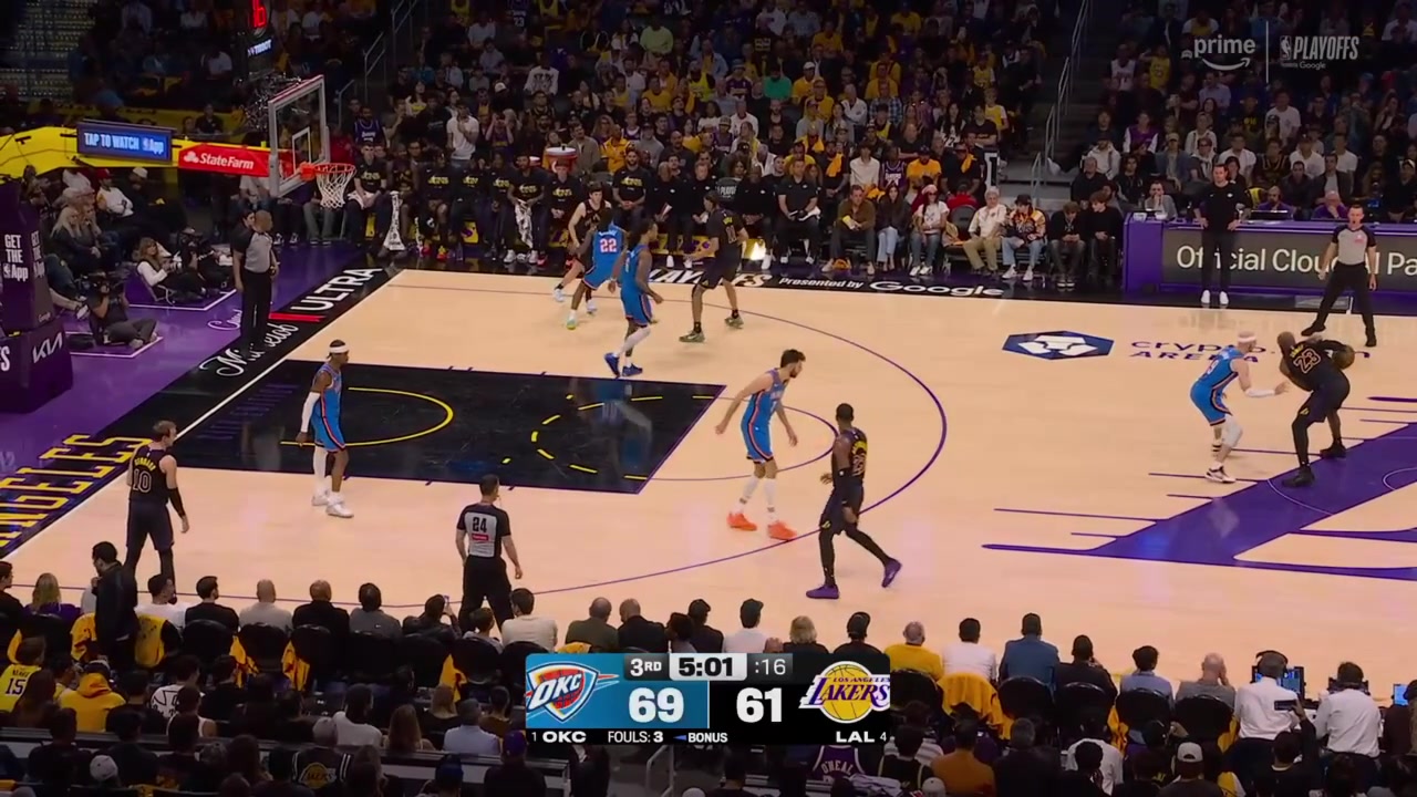 Reaves finds Jaxon Hayes for the emphatic alley oop SGA answers with a mid range bucket over Kennard Lebron responds with a logo three to cut the OKC lead to 5