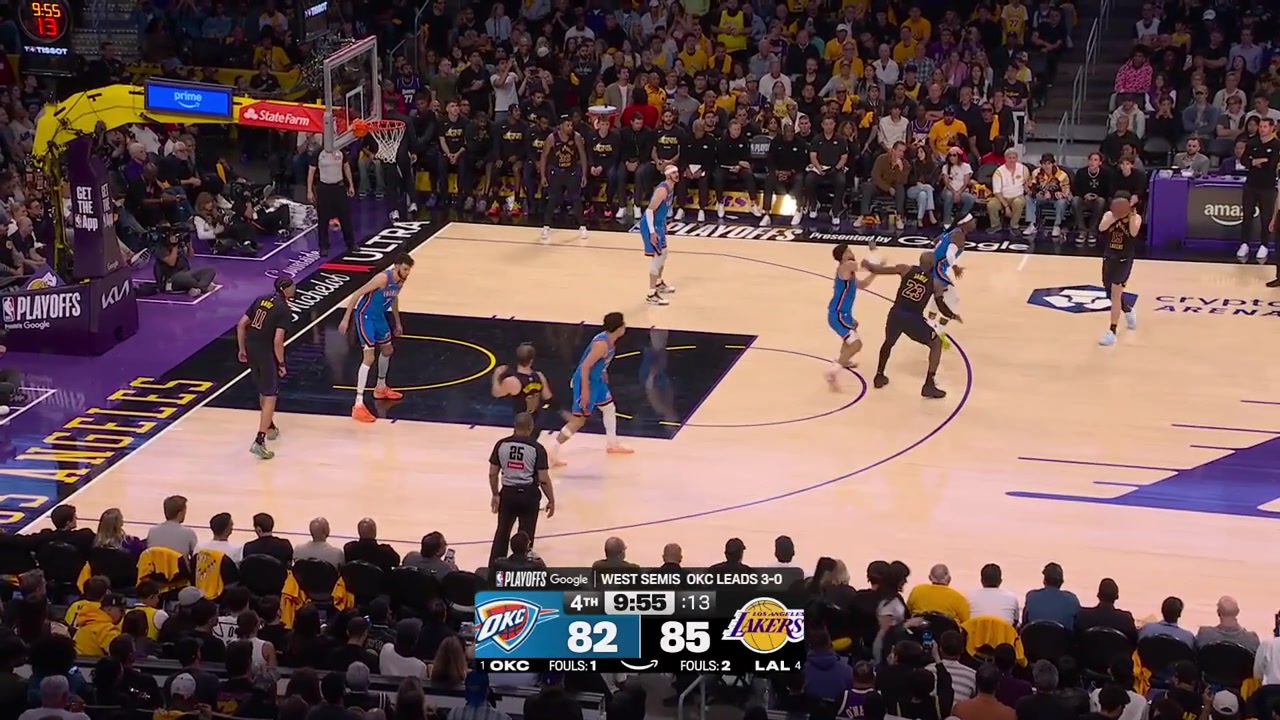 LeBron James hits the tough jumper while Ajay Mitchell is all over him giving him 20 pointsAjay scores the tough layup over Jaxson Hayes to give himself 20 points as wellLeBron gets blocked by Ajay who gets blocked by Hayes this time and Marcus Smart with a beautiful full court p