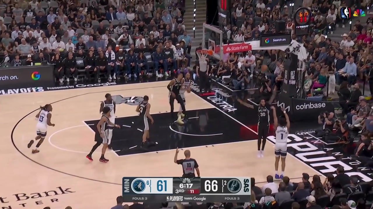 Keldon Johnson blocks Rudy Gobert's dunk attempt with replaysThe ball goes out of bounds off GobertSpurs' ball