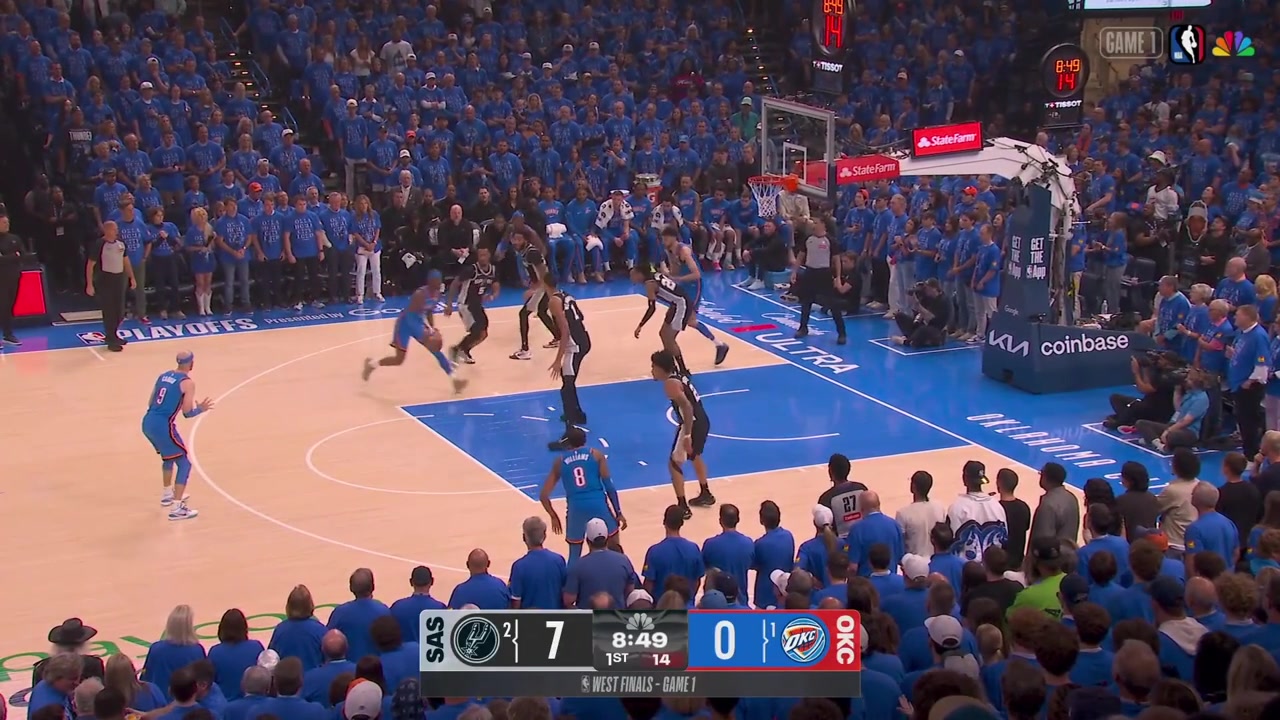 Alex Caruso hits a 3-pointer scores a layup on Victor Wembanyama then intercepts the incoming pass to Wemby and scores the fastbreak layup for the Thunder's first 7 points of the game with replays