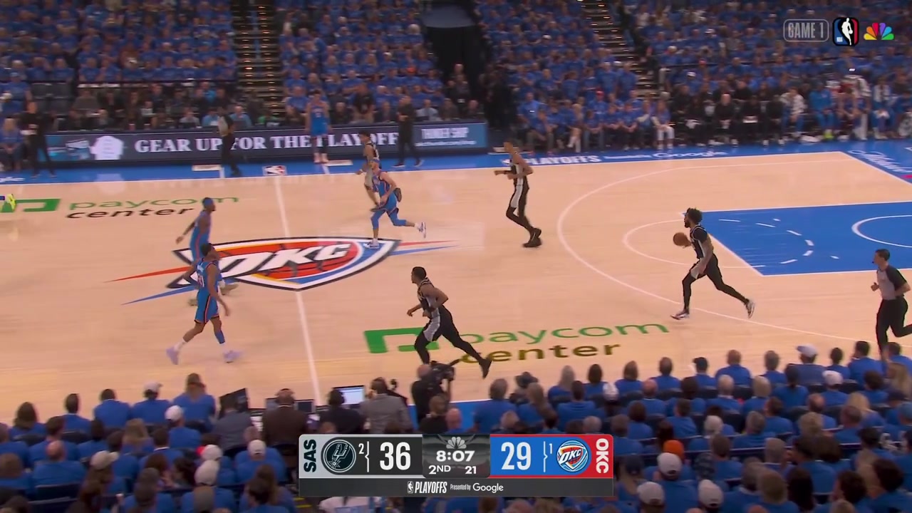 Alex Caruso fouls Victor Wembanyama and they both drop to the floor with a replay