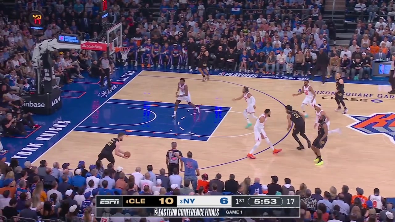 Jarrett Allen grabs the rebound but fails to score on Karl-Anthony Towns and Josh Hart easily spins around James Harden and scores the layup in transition with a replayIncluding a replay of Jalen Brunson's jumper