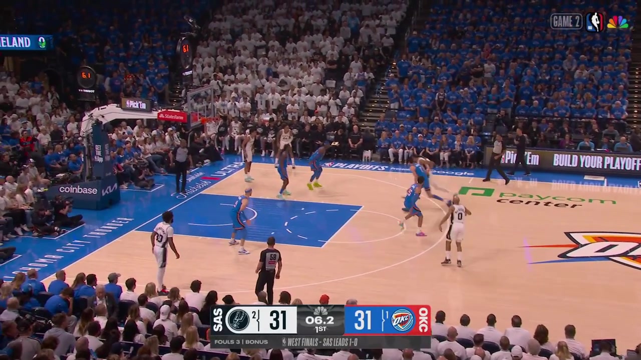 Cason Wallace draws the charging foul from Victor Wembanyama who then flexes his left wrist in discomfort with a replay