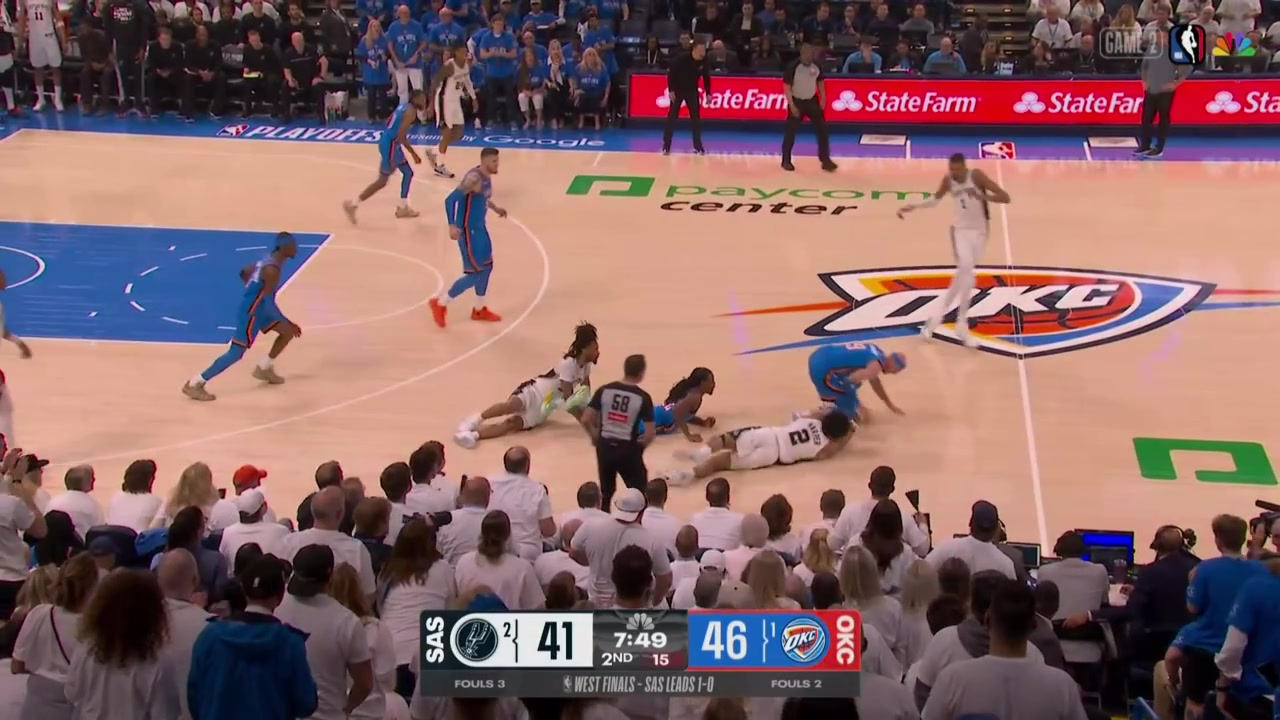 After a mad scramble for the ball Cason Wallace gets his hands on a pass and starts the fastbreak Caruso sets up Shai for the slam