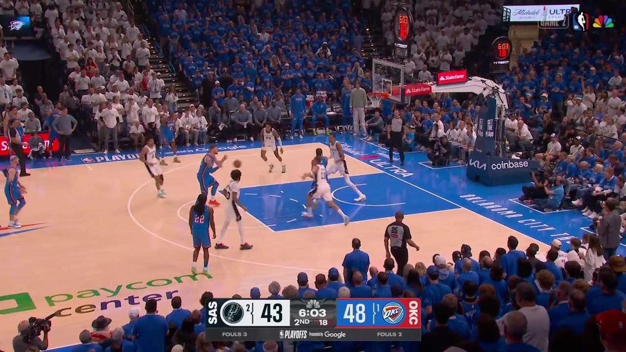 Carter Bryant blocks Shai Gilgeous-Alexander near the rim and Victor Wembanyama blocks Isaiah Hartenstein under the rim shortly after
