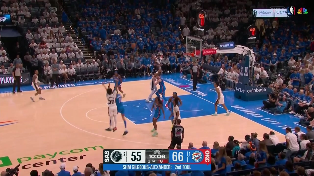 Victor Wembanyama beats Isaiah Hartenstein to the rebound gets hit in the face by Shai Gilgeous-Alexander and still cashes the three-pointer with replay