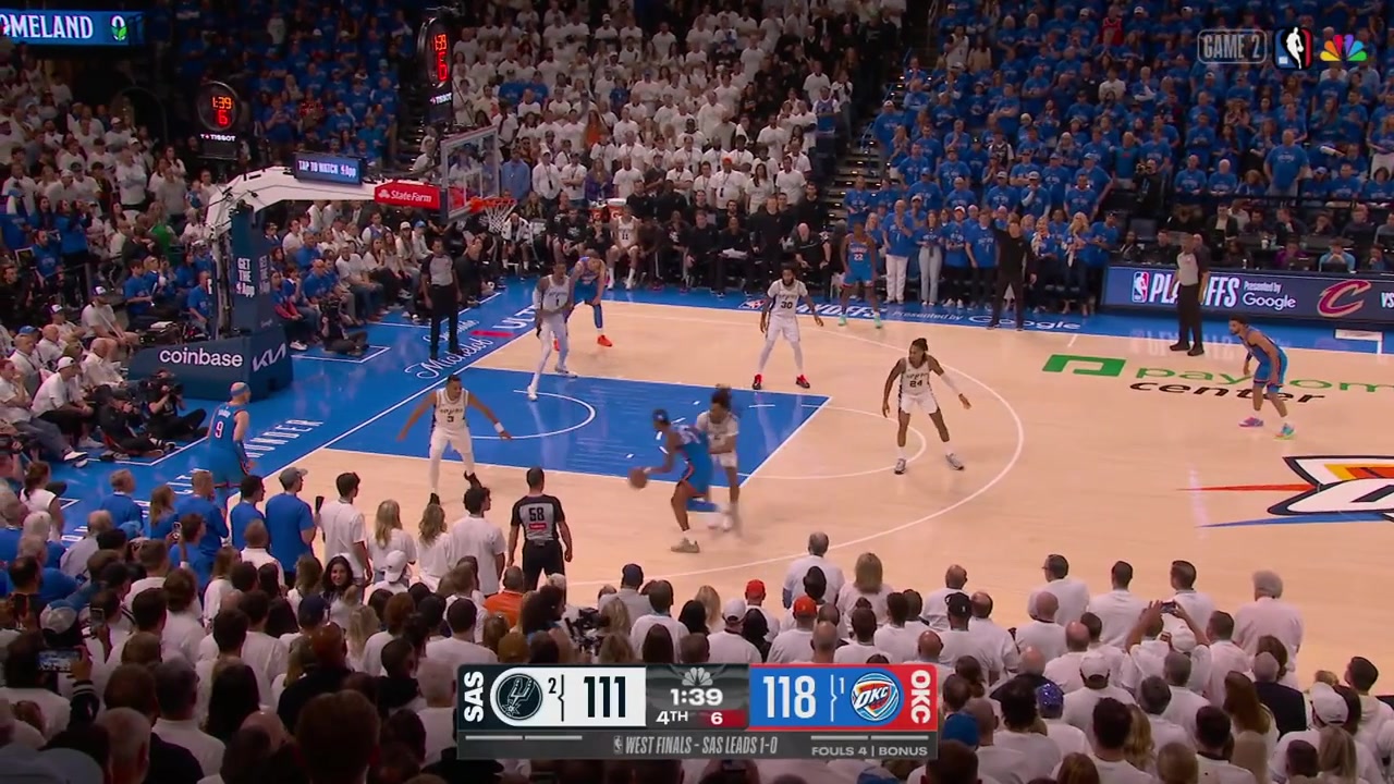 Victor Wembanyama grabs the rebound at the one end and scores on Isaiah Hartenstein at the other cutting the Thunder's lead to 521 points for Wemby